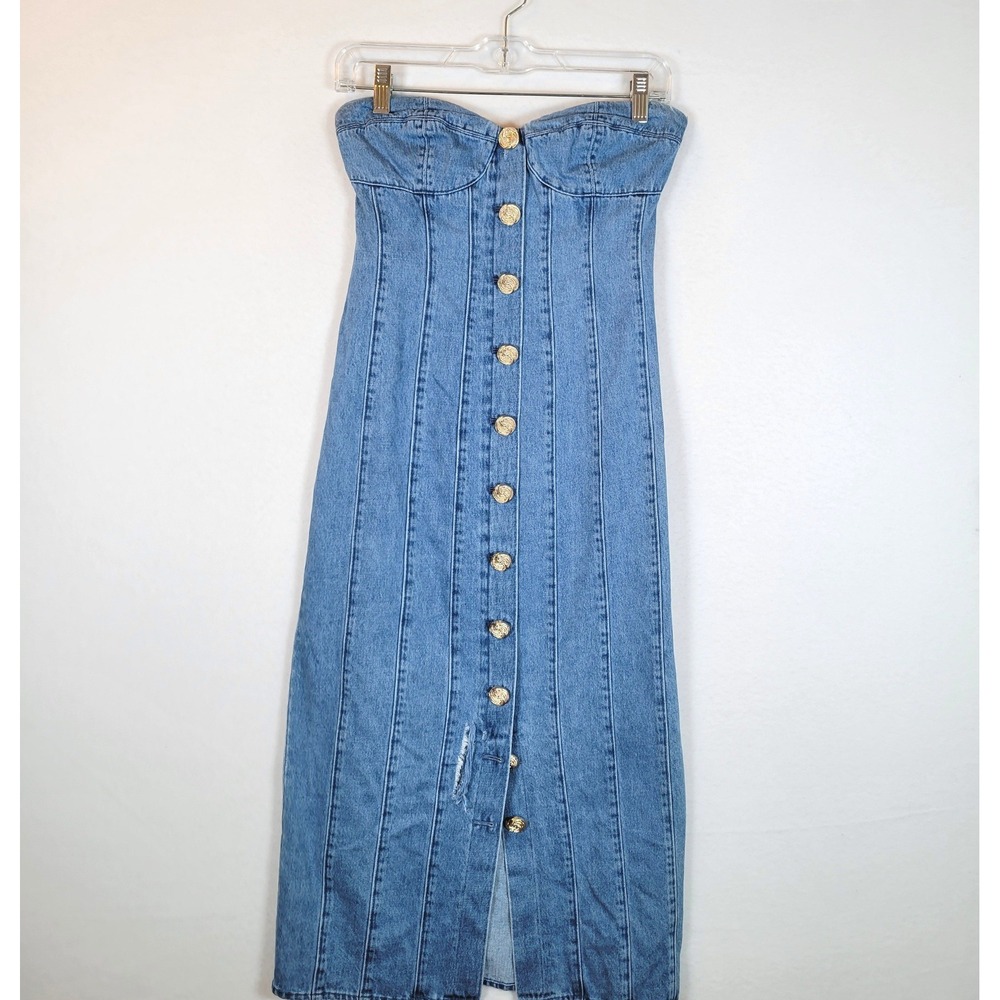 Ronny Kobo Womens Denim Jean Strapless Tube Top Button Midi Dress Size 2 Blue